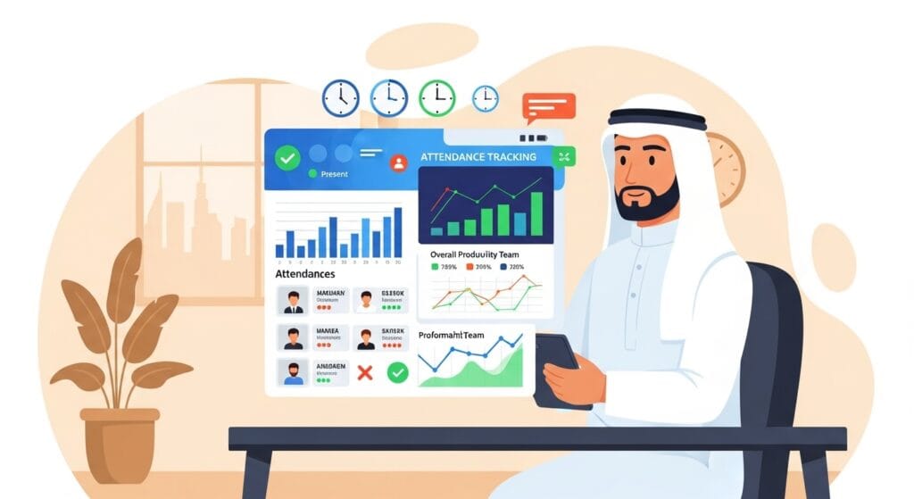Saudi HR manager reviewing employee attendance and productivity reports