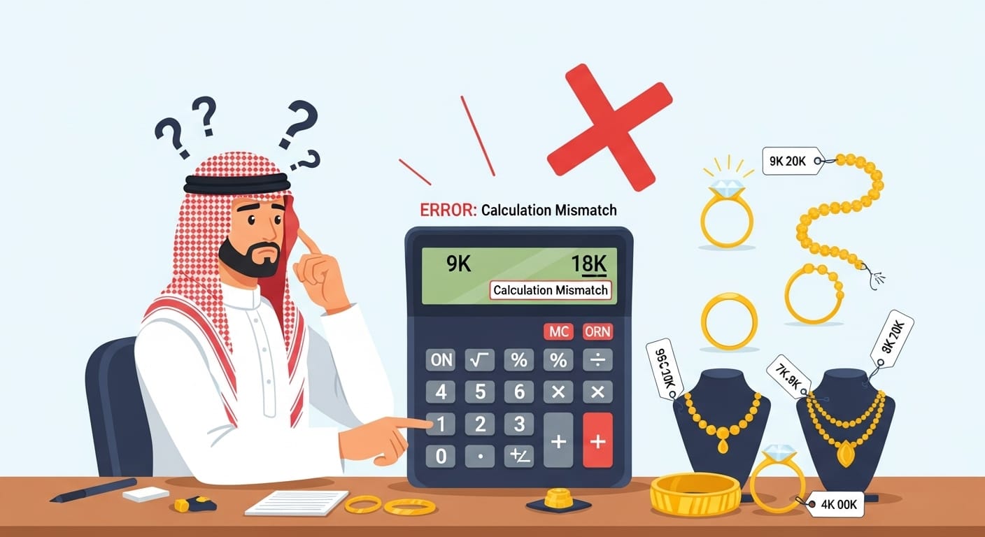 Saudi jeweler using a gold karat calculator